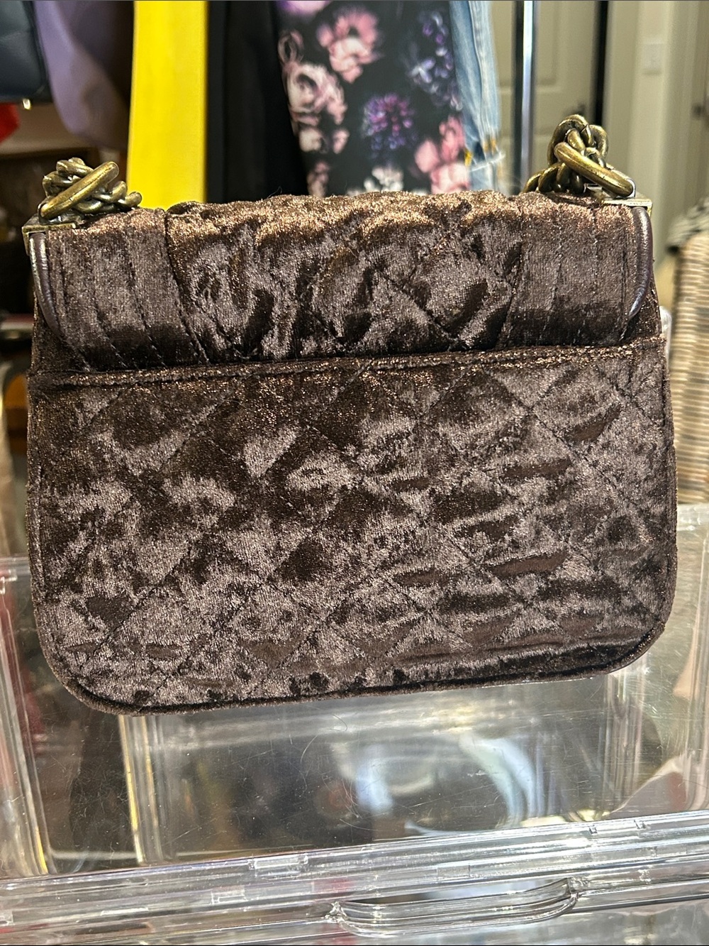 Sharif Brown Quilted Velvet Shoulder Bag with Chain Strap 8.25”x 3.25”x 6.5” New - Picture 5 of 8